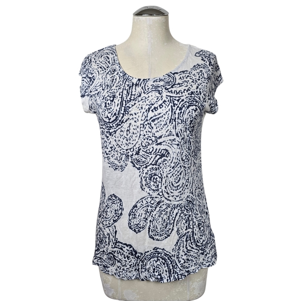 Artisan NY White Blue Printed Scoop Neck Short Sleeves Shirt XS